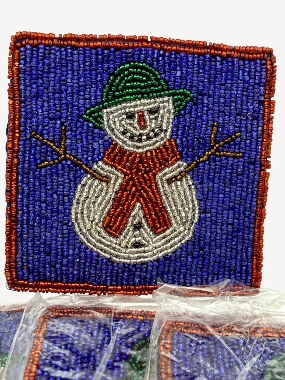 Crate & Barrel Christmas Coasters Glass Beaded Snowman 4 Silk Back Holiday Decor